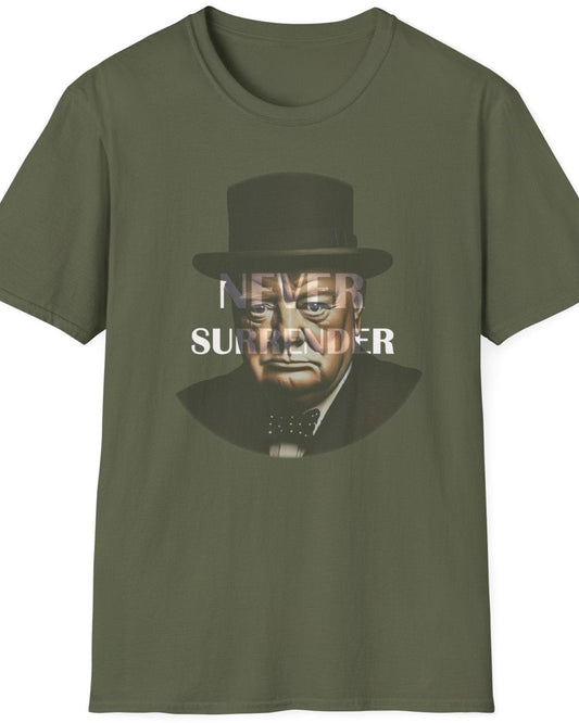 Green T-Shirt with the face of Winston Churchill and the text "Never Surrender".