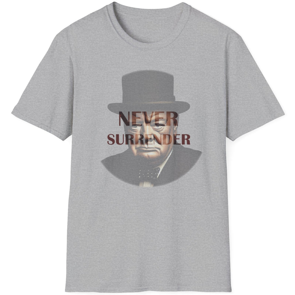Grey T-Shirt with the face of Winston Churchill and the text "Never Surrender".