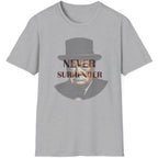 Grey T-Shirt with the face of Winston Churchill and the text "Never Surrender".