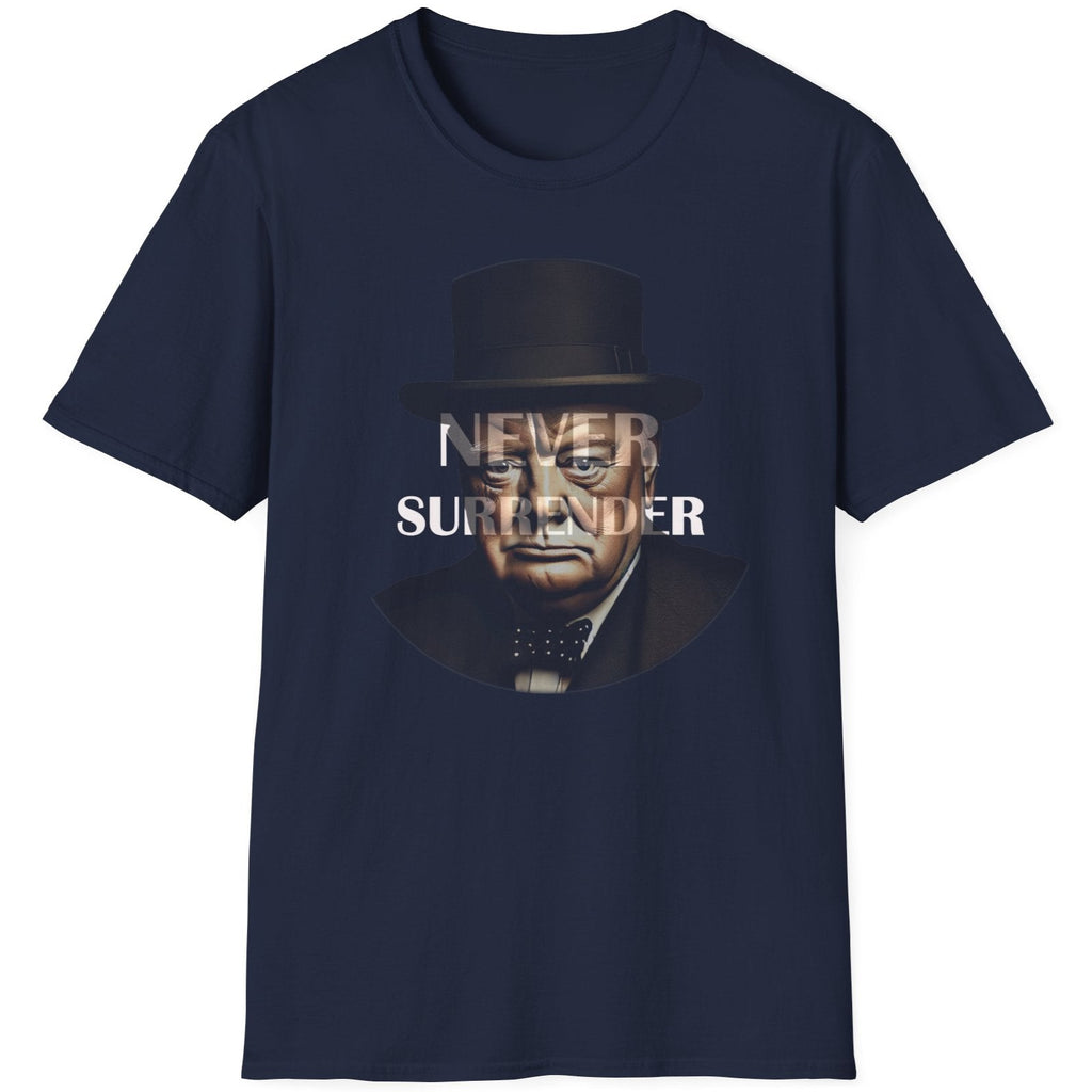 Navy T-Shirt with the face of Winston Churchill and the text "Never Surrender".