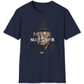 Navy T-Shirt with the face of Winston Churchill and the text "Never Surrender".