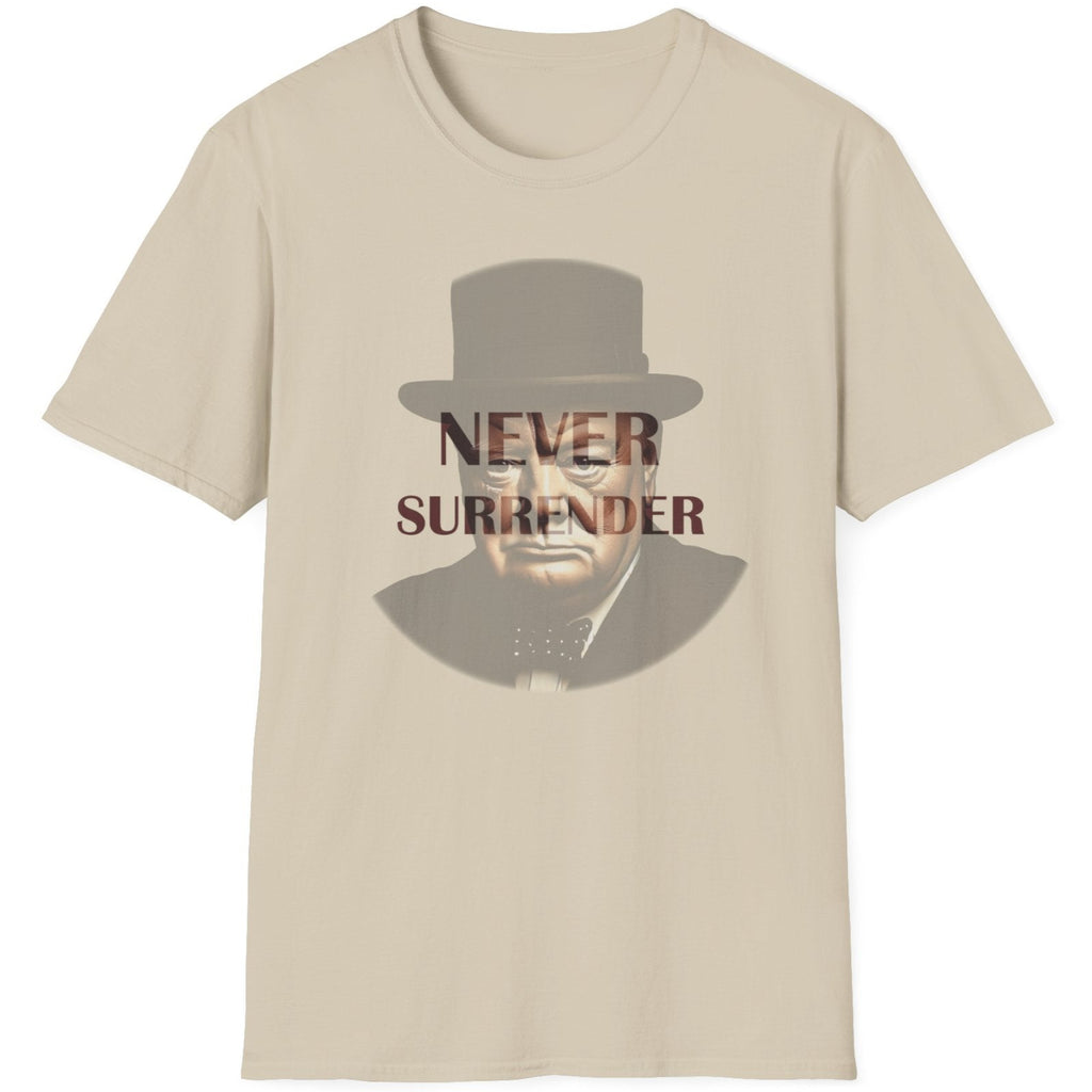 Sand coloured T-Shirt with the face of Winston Churchill and the text "Never Surrender".