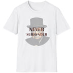 White T-Shirt with the face of Winston Churchill and the text "Never Surrender".