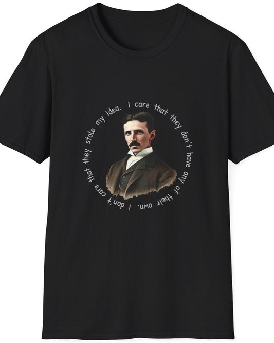 Black T-Shirt with an image of Nikola Tesla and a quote from him. 