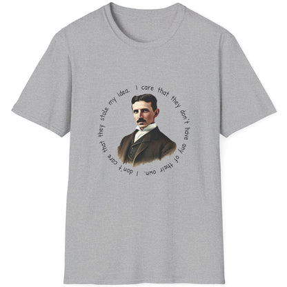 Grey T-Shirt with an image of Nikola Tesla and a quote from him. 