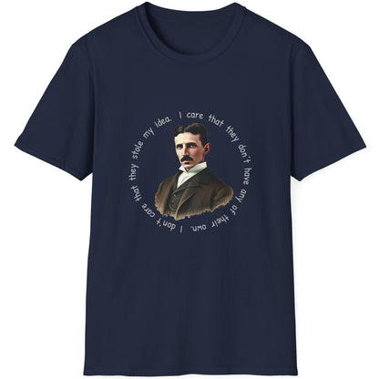 Navy T-Shirt with an image of Nikola Tesla and a quote from him. 