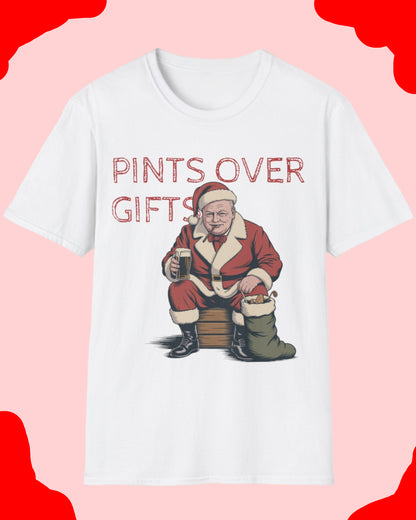 White t-shirt with a graphic of Santa Claus holding a beer mug and text 'Pints Over Gifts' on a white background.
