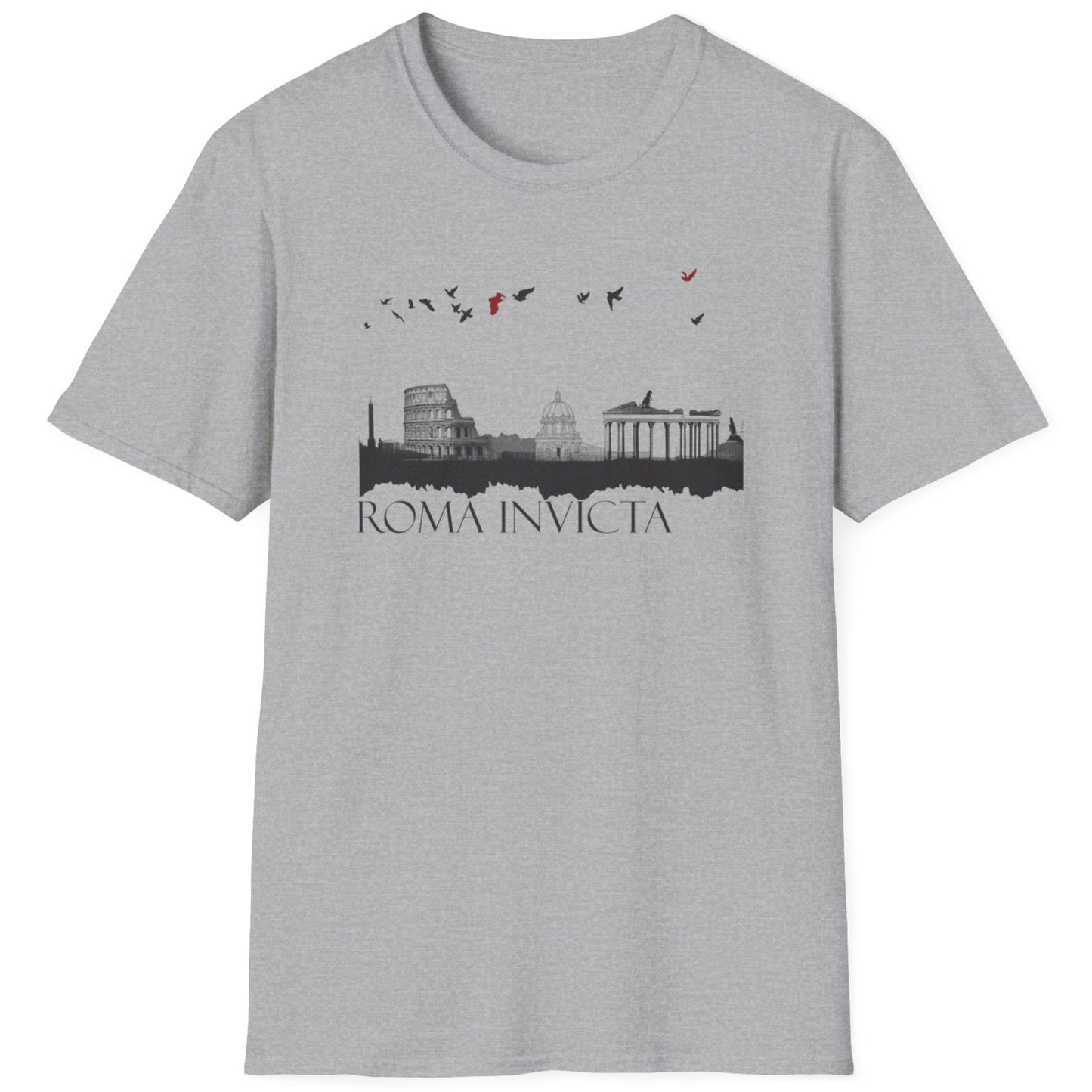 Grey T-Shirt with the text "Roma Invicta" in black and some of Romes skyline with colourful birds in the sky. 
