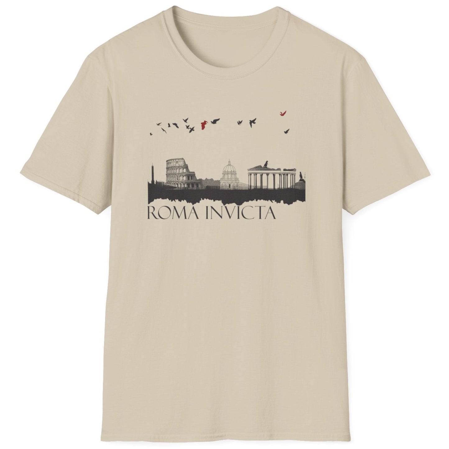 Sand coloured T-Shirt with the text "Roma Invicta" in black and some of Romes skyline with colourful birds in the sky. 
