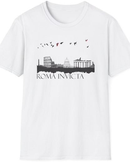 White T-Shirt with the text "Roma Invicta" in black and some of Romes skyline with colourful birds in the sky. 