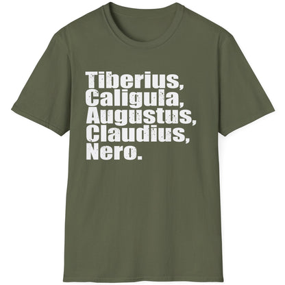 Green T-Shirt with the name of 5 former roman emperors