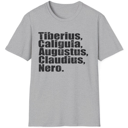 Grey T-Shirt with the name of 5 former roman emperors