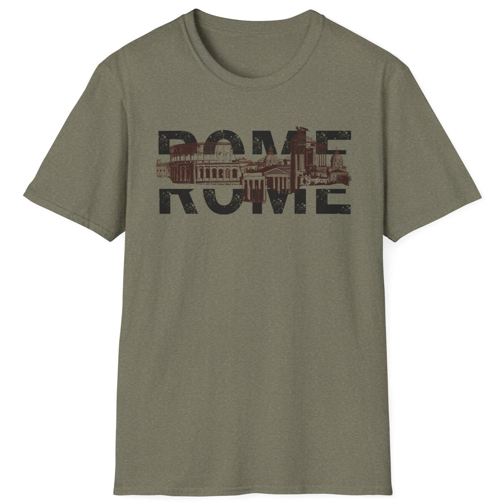 Green T-shirt with the skyline of rome and the text "Rome".
