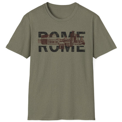 Green T-shirt with the skyline of rome and the text "Rome".
