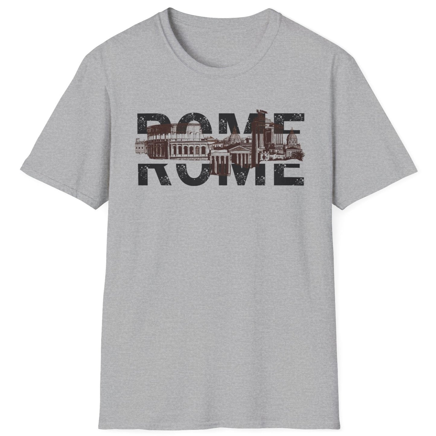 Grey T-shirt with the skyline of rome and the text "Rome".
