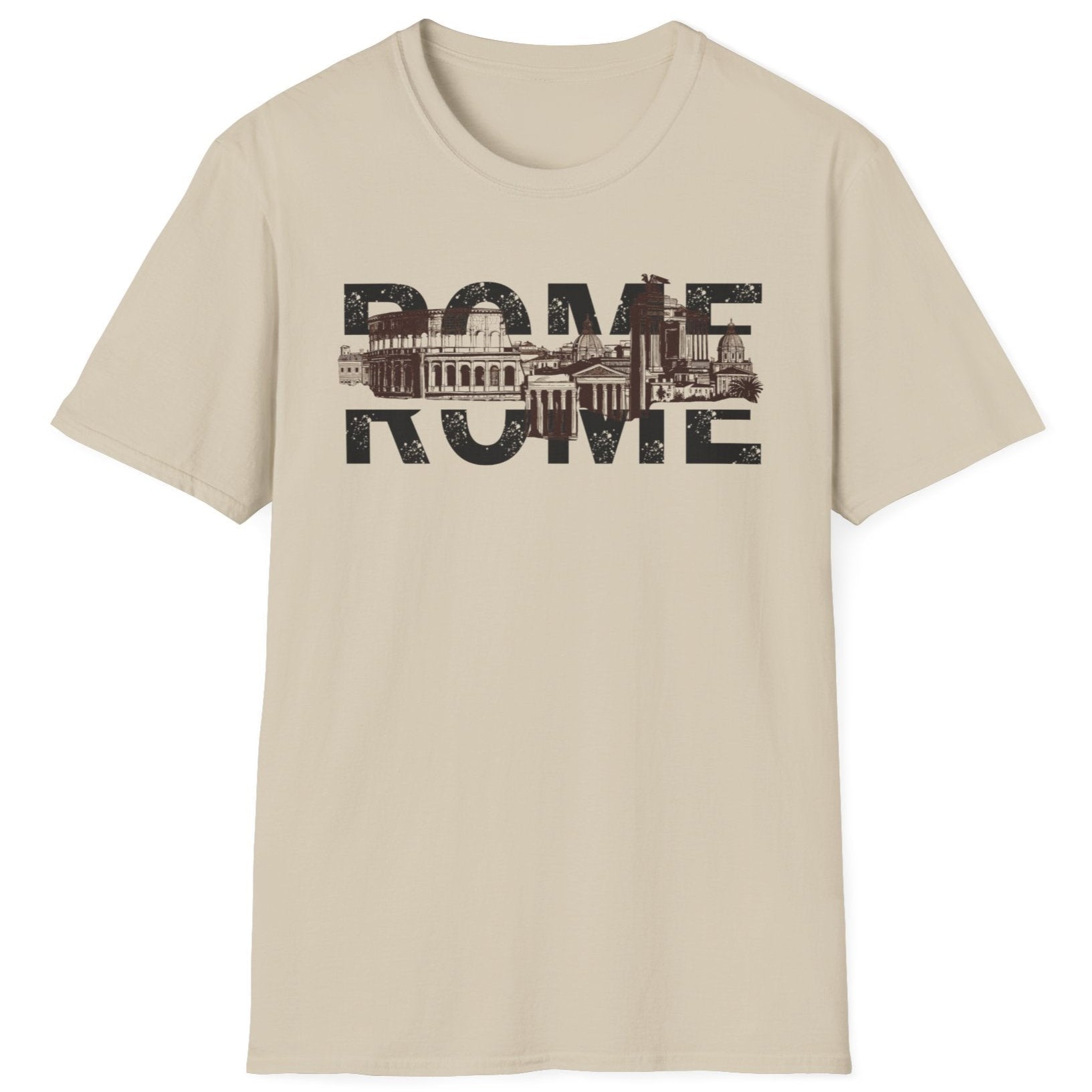 Sand coloured T-shirt with the skyline of rome and the text "Rome".
