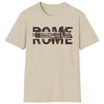 Sand coloured T-shirt with the skyline of rome and the text "Rome".
