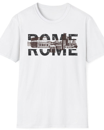 White T-shirt with the skyline of rome and the text "Rome".