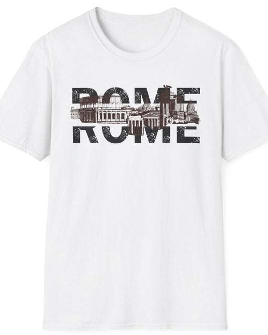 White T-shirt with the skyline of rome and the text "Rome".