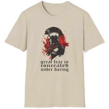 Sand coloured T-Shirt with the text "Great fear is concealed under daring" and image of a spartan warrior in black and red.