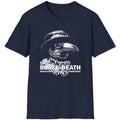 Navy T-Shirt with image of a plague doctor and the text "The Black Death, when going viral meant something". Funny T-Shirt.