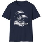 Navy T-Shirt with image of a plague doctor and the text "The Black Death, when going viral meant something". Funny T-Shirt.