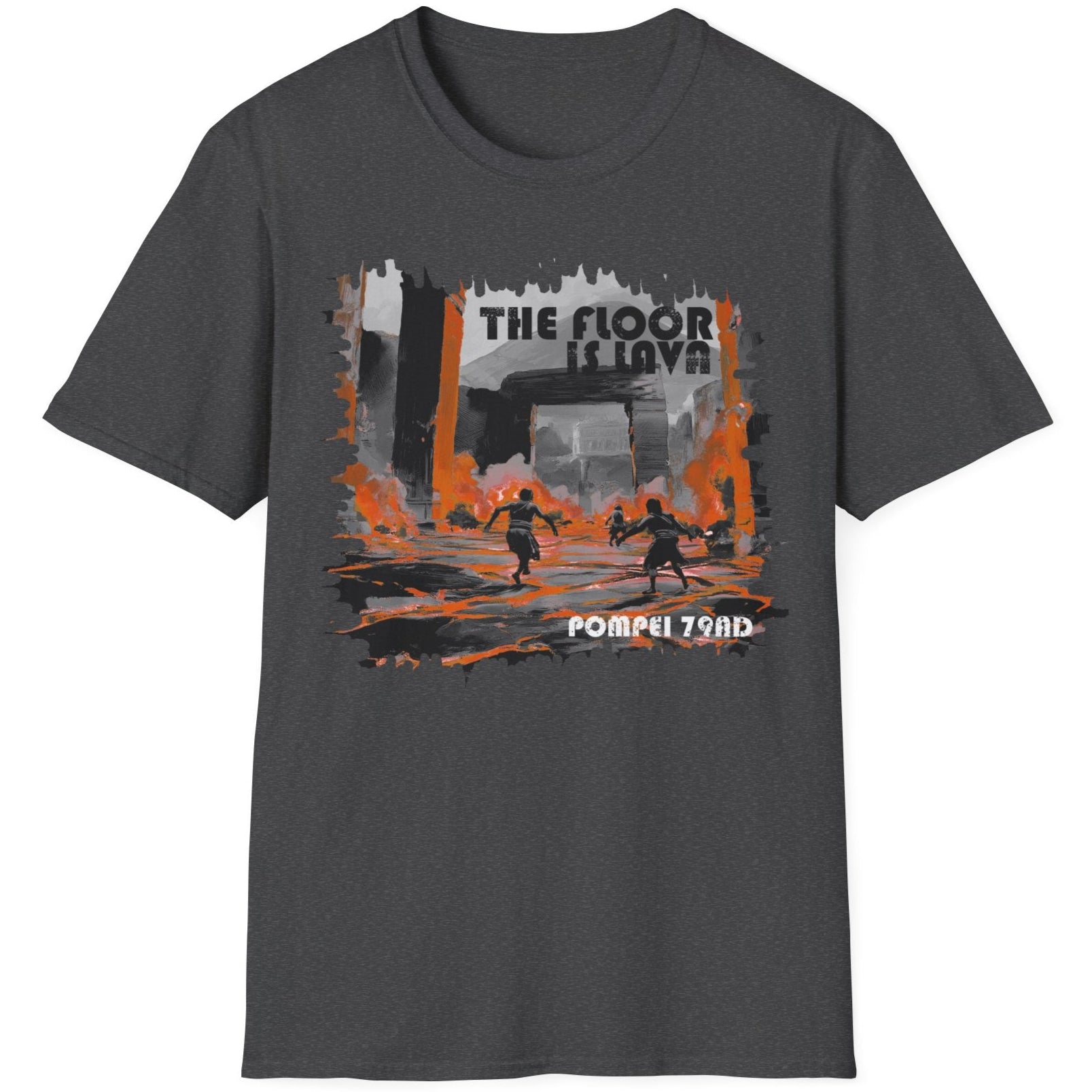 Heather grey coloured T-Shirt with the text "The floor is Lava" and a image of poeple dodging lava in Pompei.
