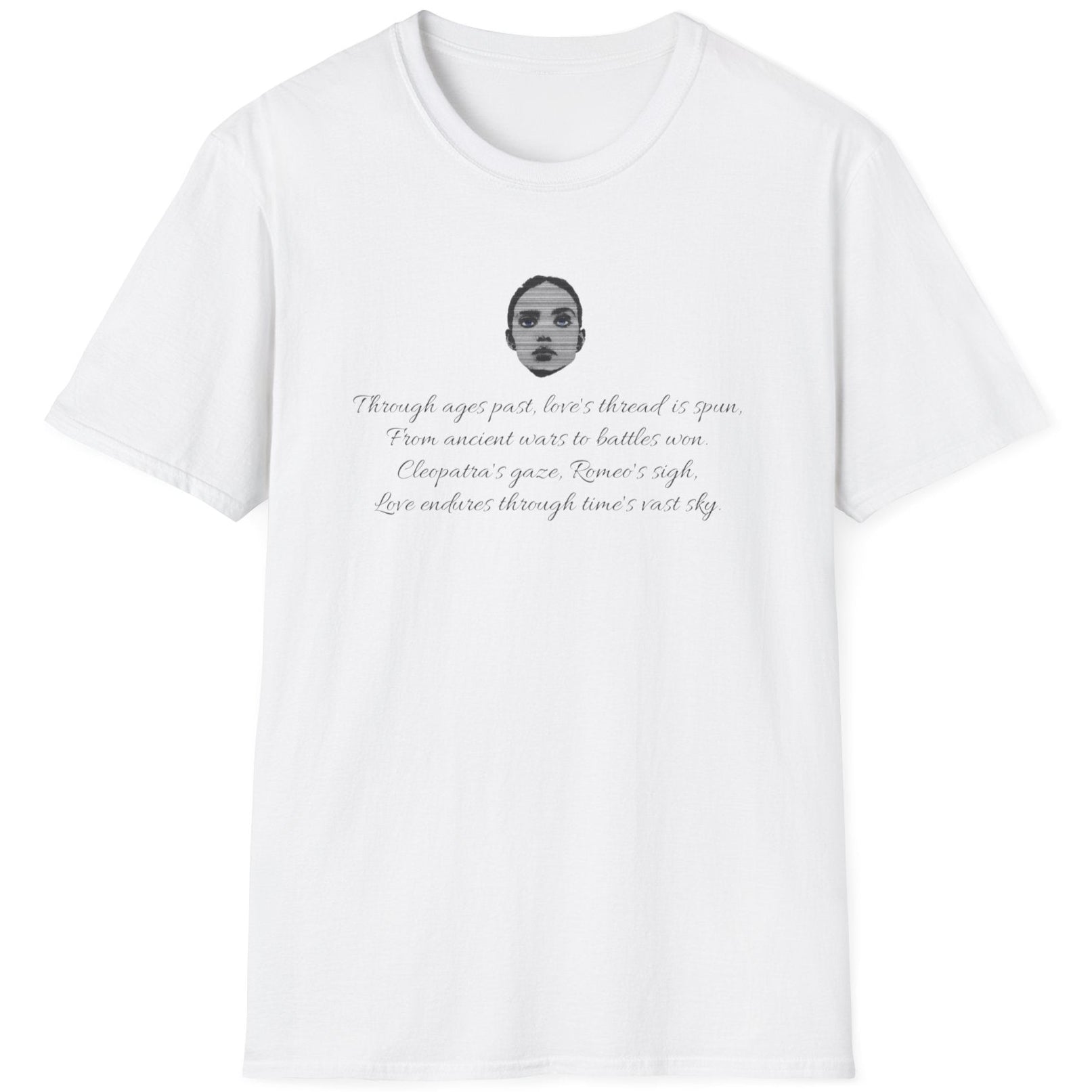 White T-Shirt with an image of a girl and a poem about history,