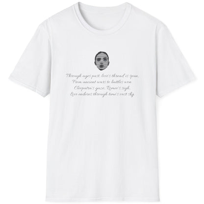 White T-Shirt with an image of a girl and a poem about history,