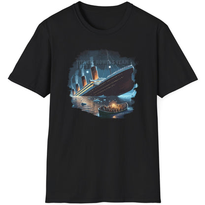 Black T-Shirt depicturing titanic and a rescue boat with poeple in.