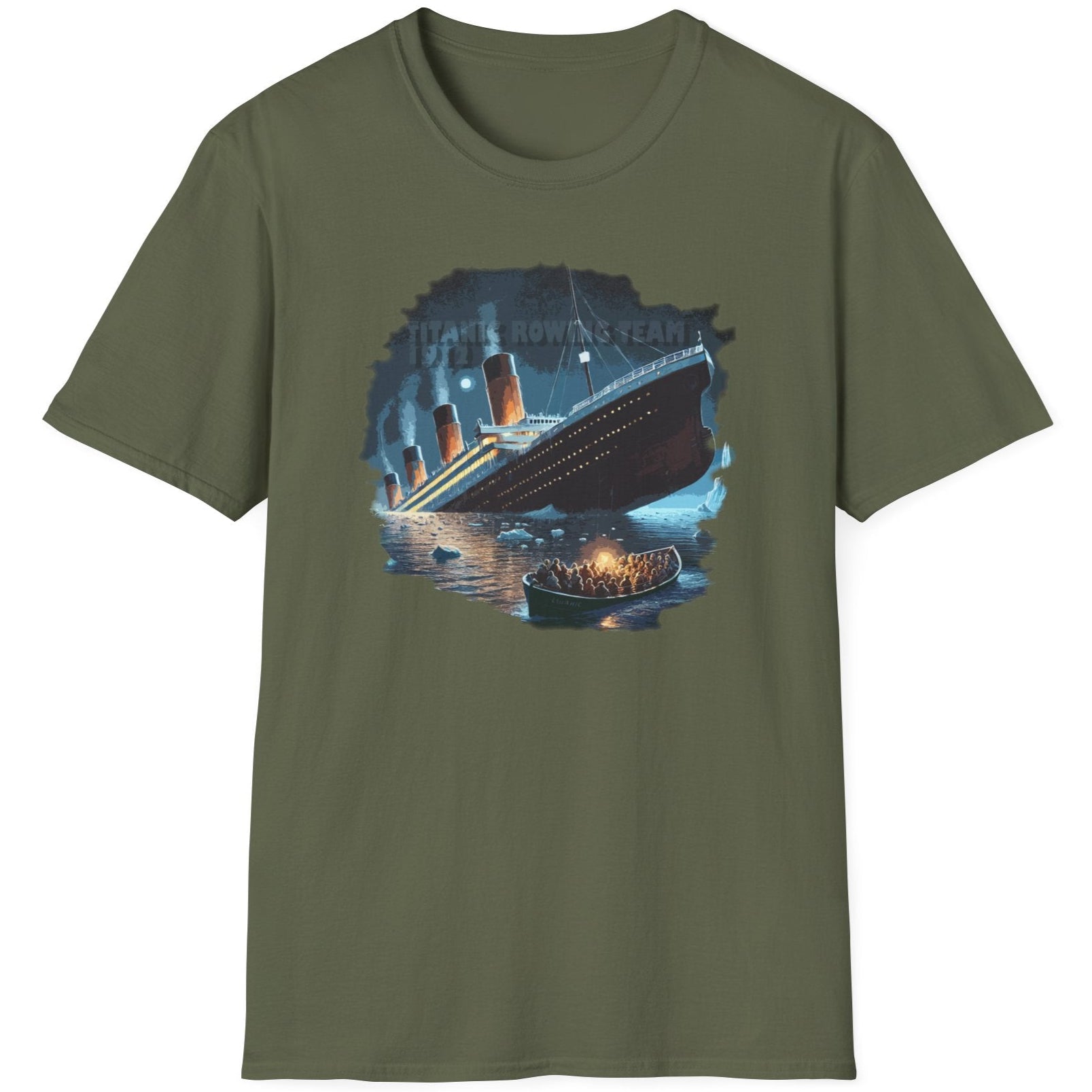 Green T-Shirt depicturing titanic and a rescue boat with poeple in.