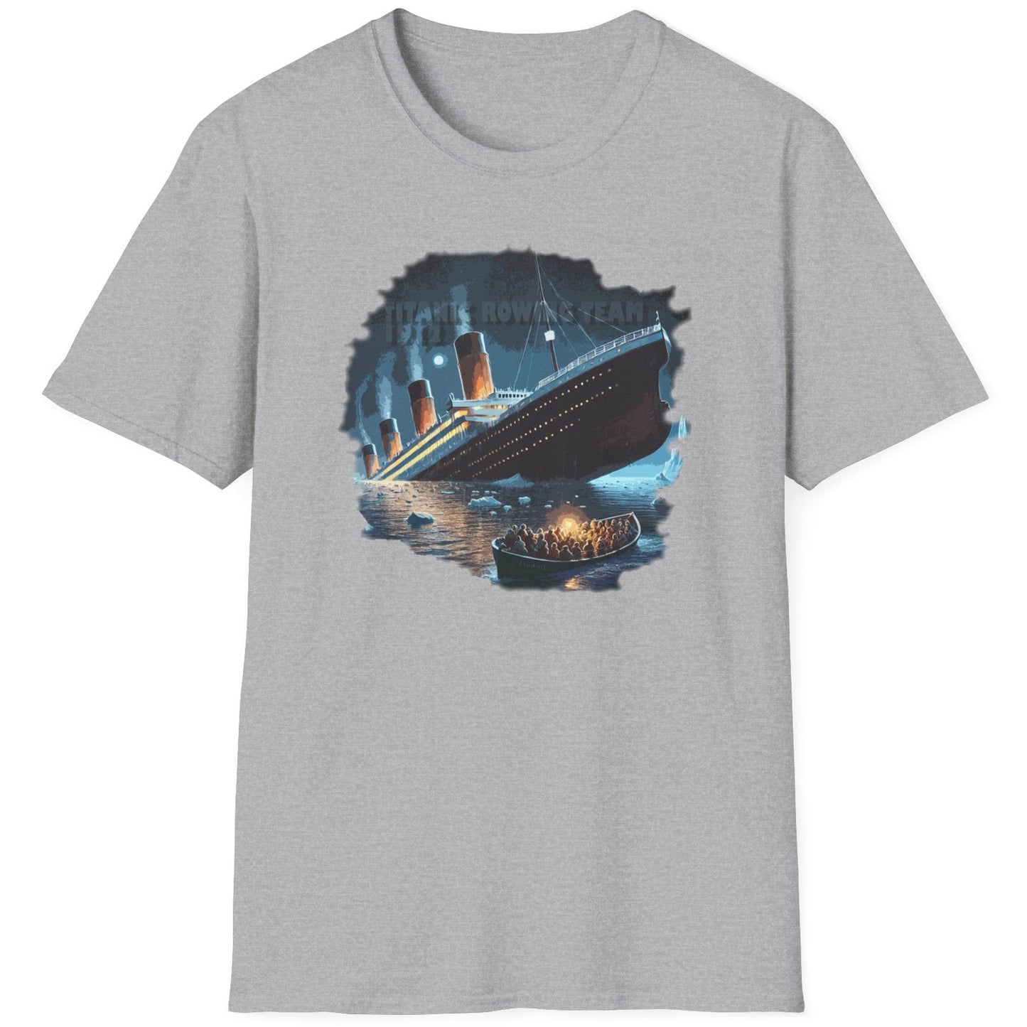 Grey T-Shirt depicturing titanic and a rescue boat with poeple in.