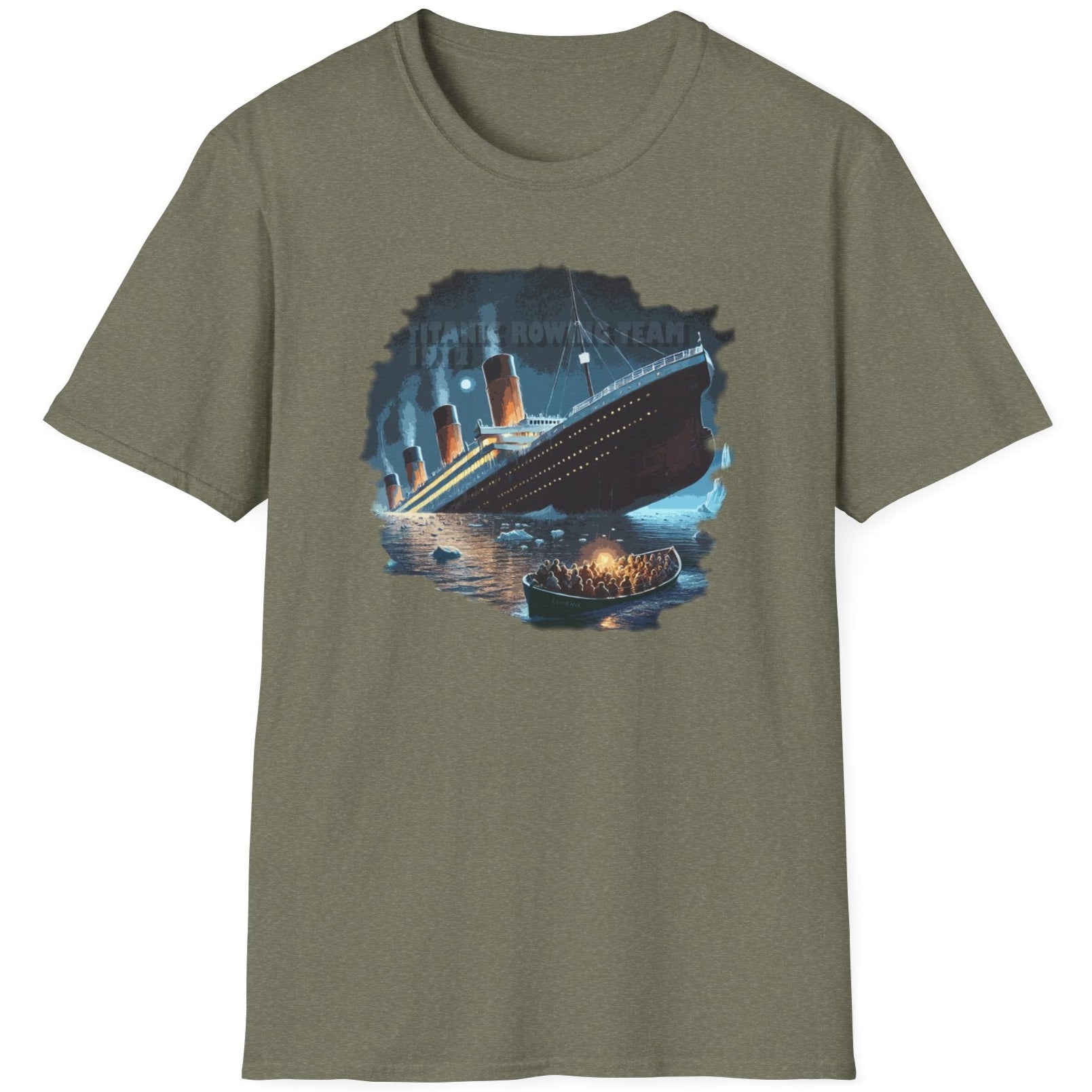 Heather Green T-Shirt depicturing titanic and a rescue boat with poeple in.