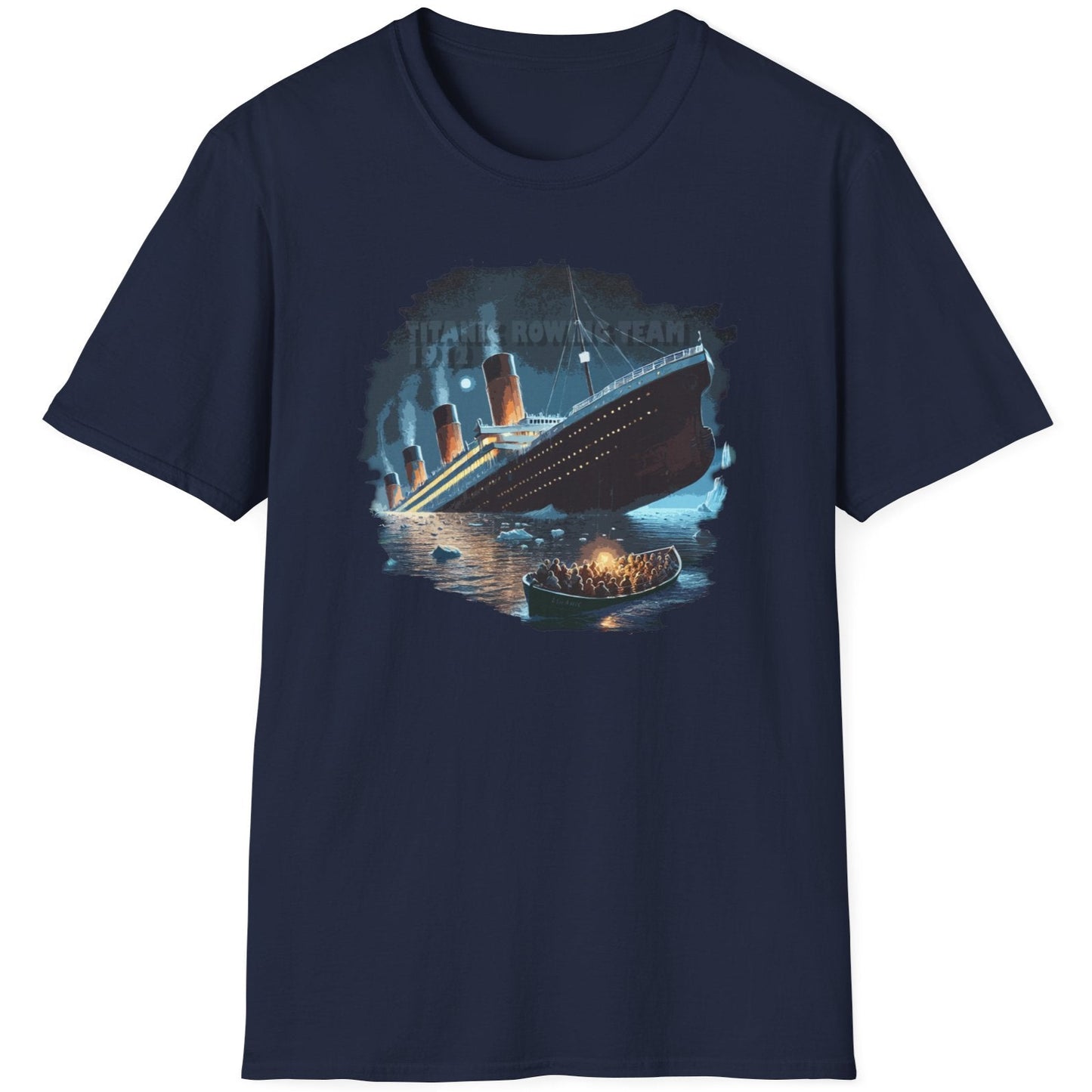 Navy T-Shirt depicturing titanic and a rescue boat with poeple in.