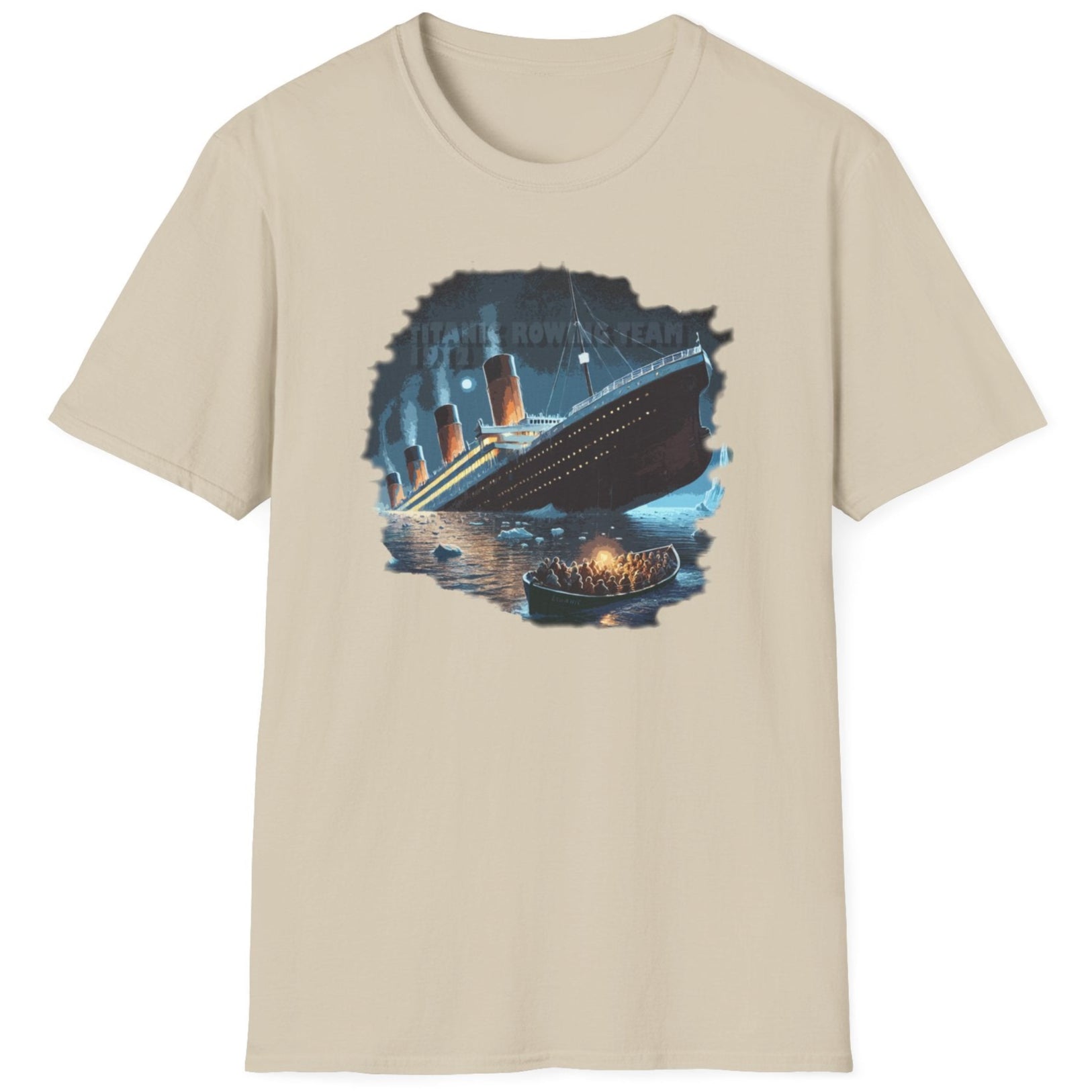 Sand T-Shirt depicturing titanic and a rescue boat with poeple in.