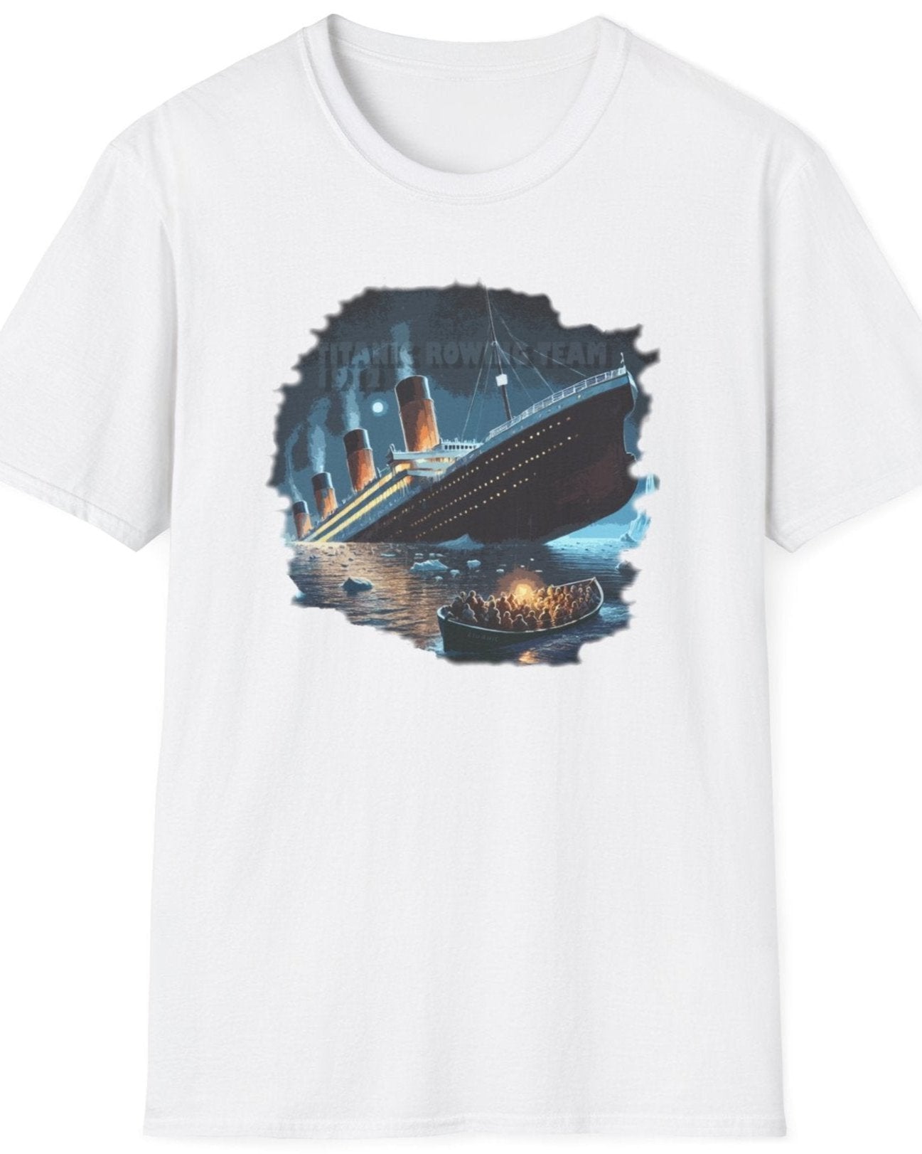 White T-Shirt depicturing titanic and a rescue boat with poeple in.