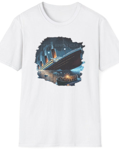 White T-Shirt depicturing titanic and a rescue boat with poeple in.