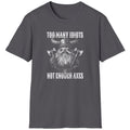 Heather grey T-Shirt with the text "Too many idiots, not enough axes" and a face of a viking.
