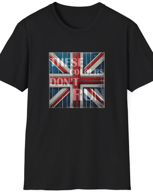 Black T-Shirt with an image of the UK flag and text "These Colours Don't Run".