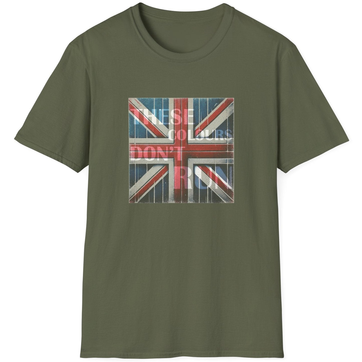 Green T-Shirt with an image of the UK flag and text "These Colours Don't Run".