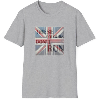 Grey T-Shirt with an image of the UK flag and text "These Colours Don't Run".