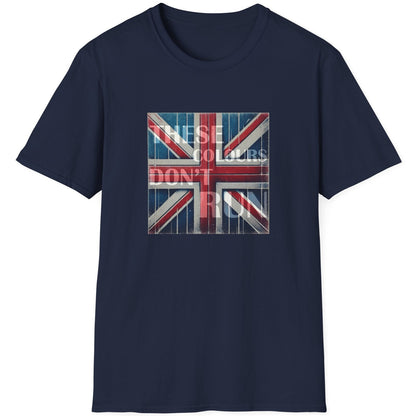 Navy T-Shirt with an image of the UK flag and text "These Colours Don't Run".