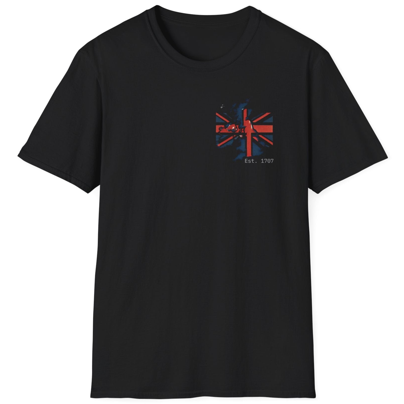 Black T-Shirt with the UK flag and landmass and the text "Est. 1707".
