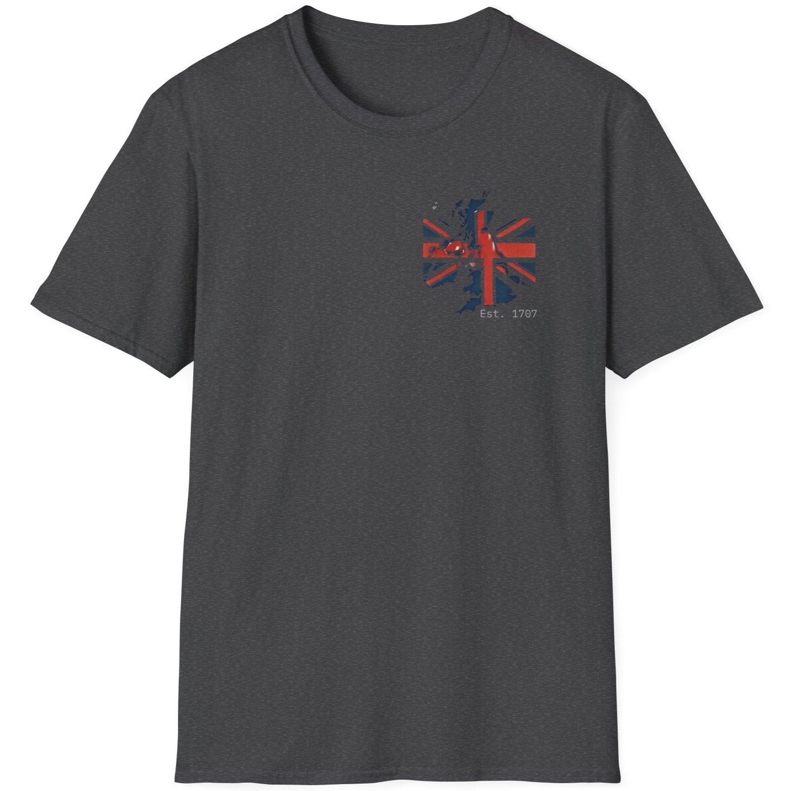 Heather grey T-Shirt with the UK flag and landmass and the text "Est. 1707".