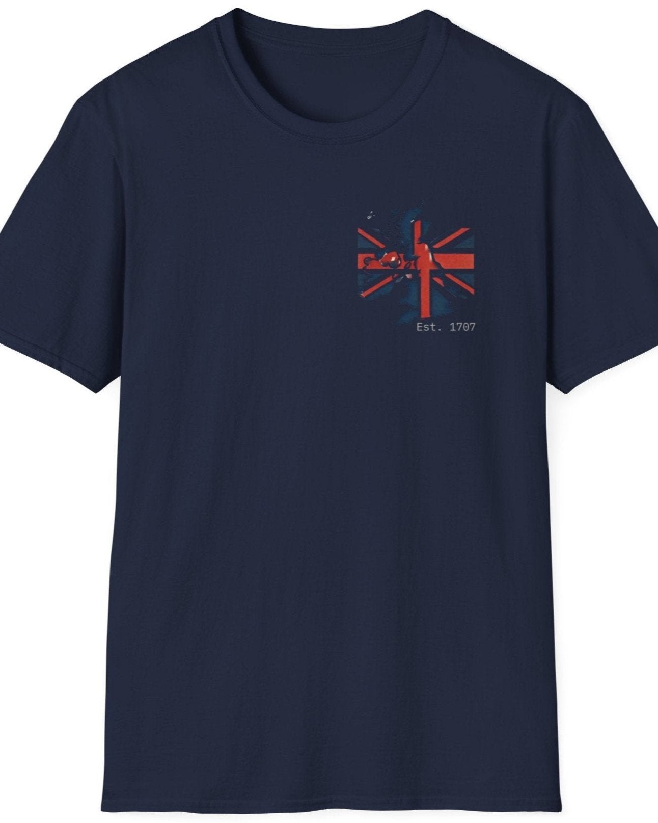 Navy T-Shirt with the UK flag and landmass and the text "Est. 1707".