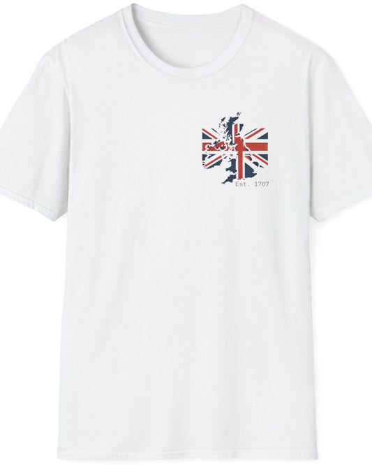 White T-Shirt with the UK flag and landmass and the text "Est. 1707".