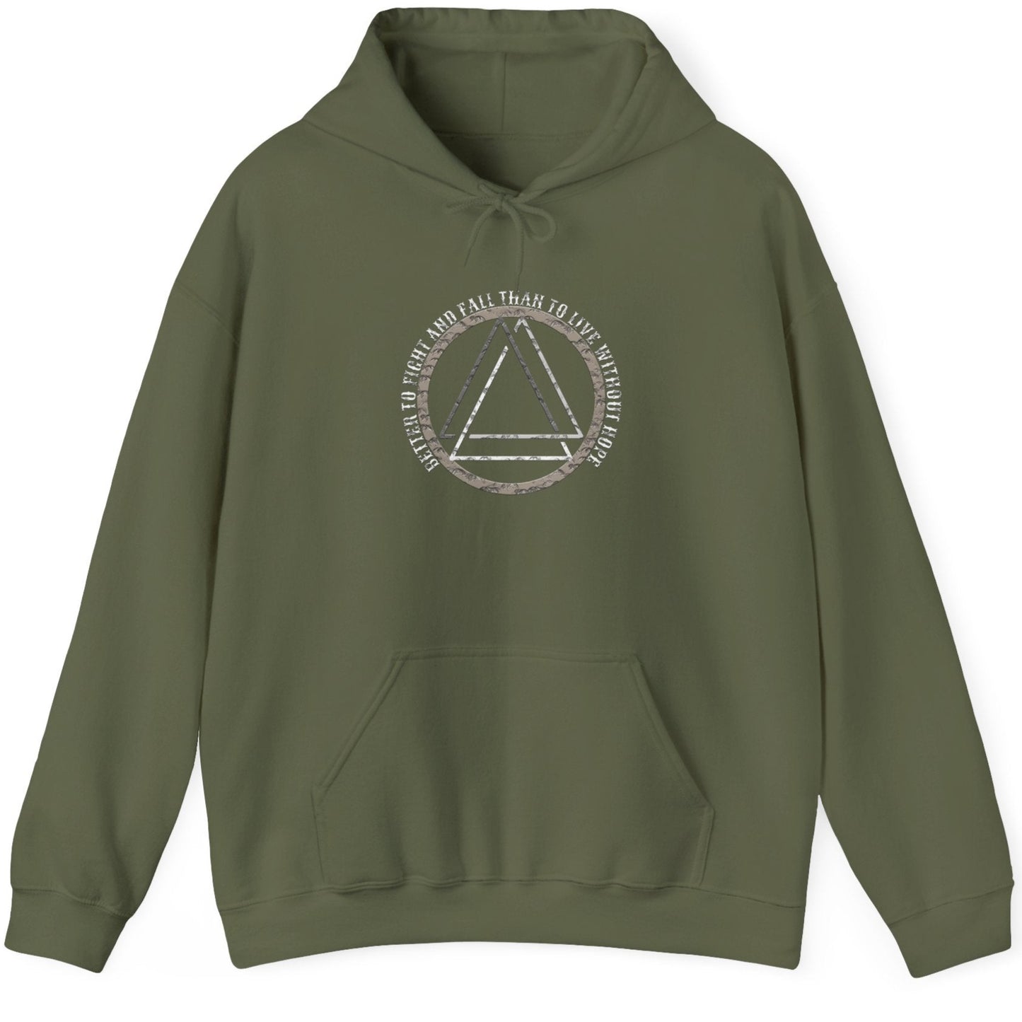 Green Hoodie with the text "Better to fight and fall than to live without hope" and a image of the valknut.