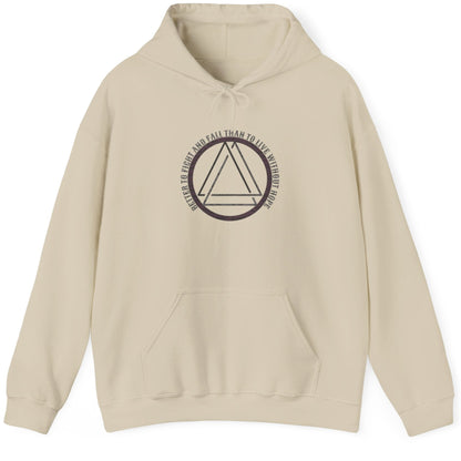 Sand Hoodie with the text "Better to fight and fall than to live without hope" and a image of the valknut.