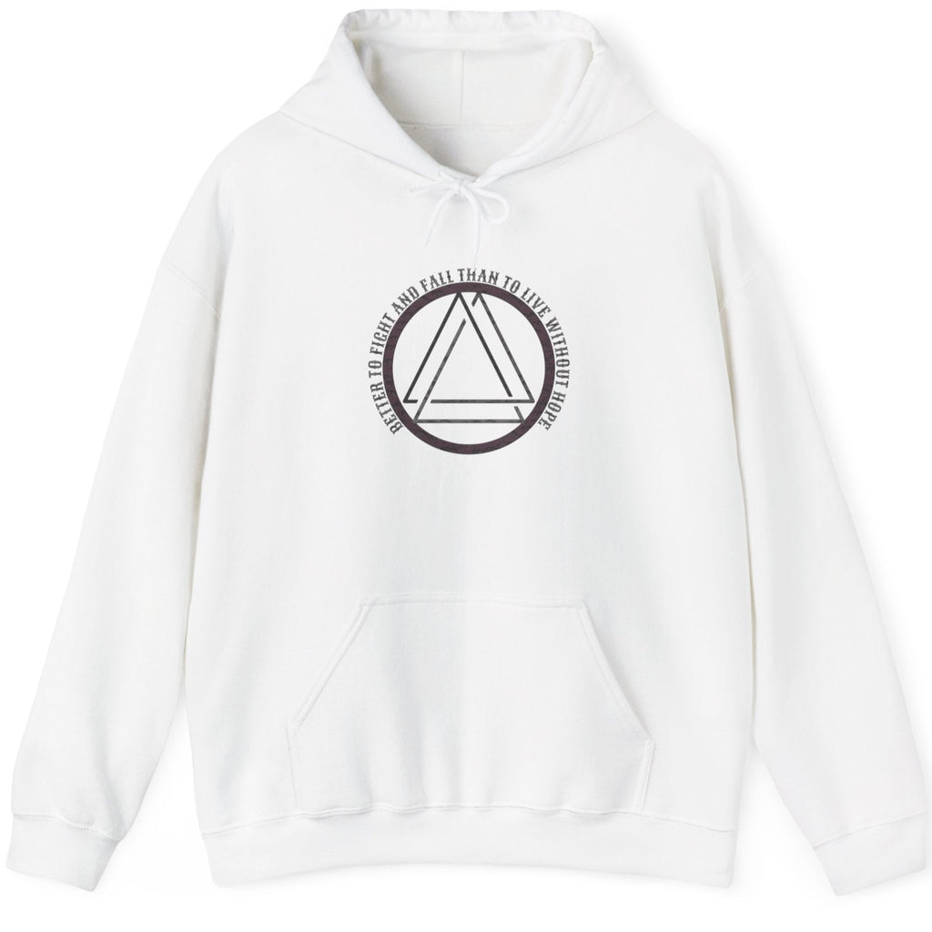 White Hoodie with the text "Better to fight and fall than to live without hope" and a image of the valknut.