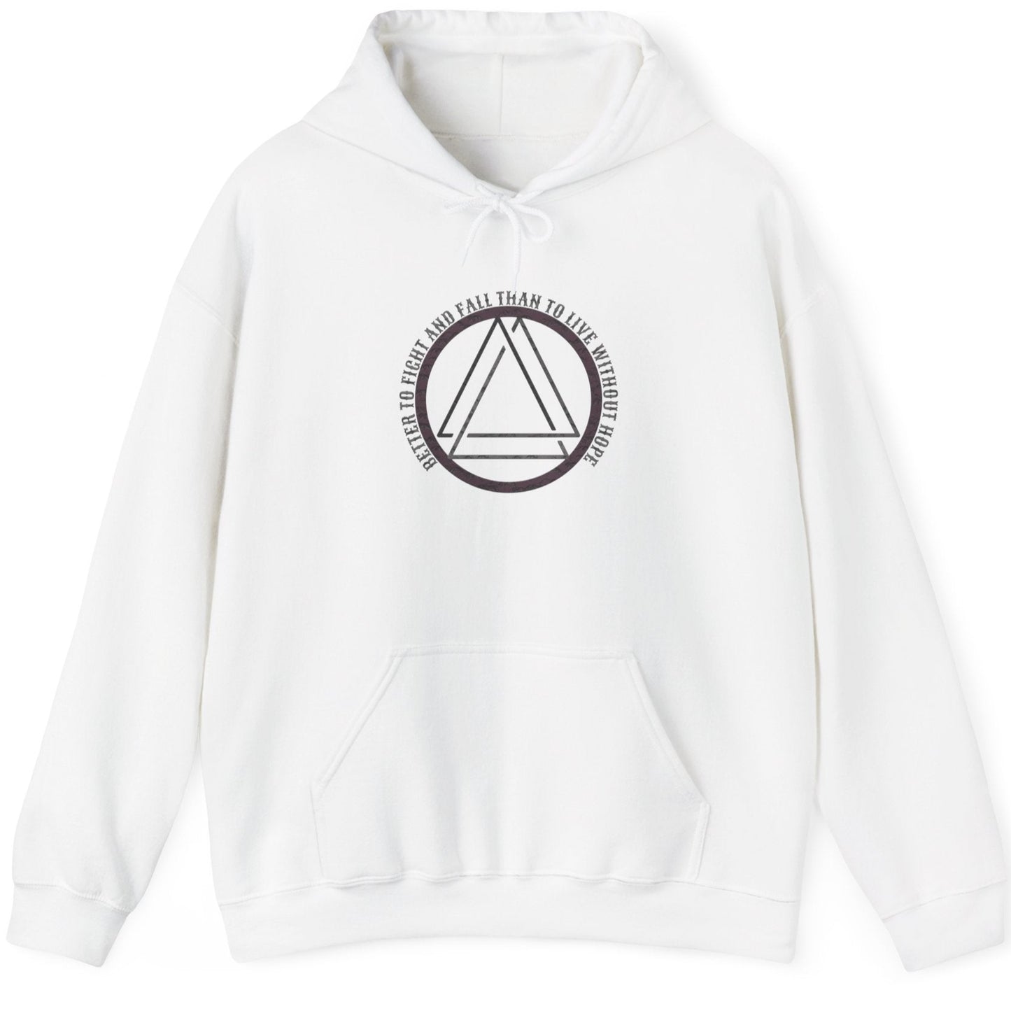 White Hoodie with the text "Better to fight and fall than to live without hope" and a image of the valknut.